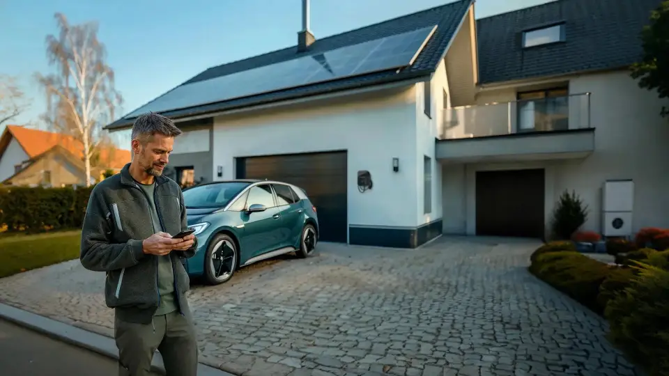 Mann nutzt eine EEBUS-Wallbox vor seinem Haus