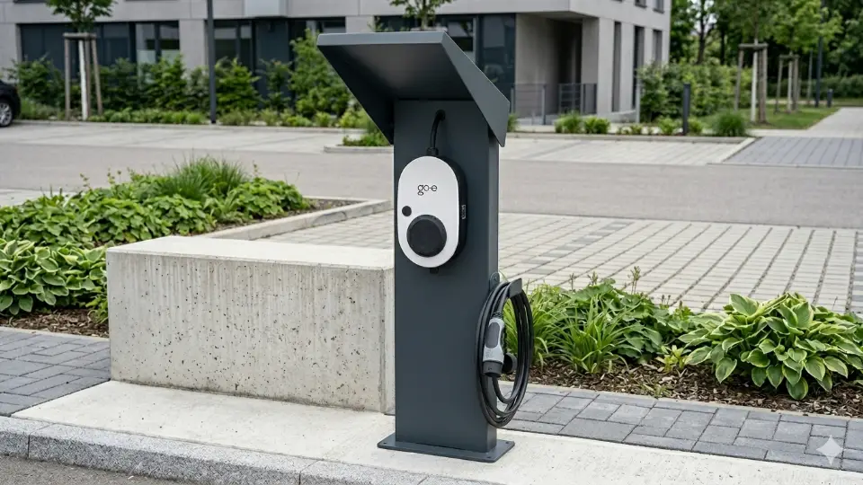 Eine Wallbox mit Wetterschutzdach steht draußen