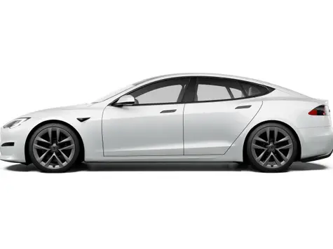 Tesla Model S Elektroauto in der Farbe weiss Ansicht von der Seite. Studioaufnahme