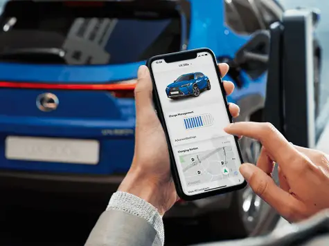 Lexus UX 300e in der Farbe blau Heckansicht hinter einem Handy mit Lexus App